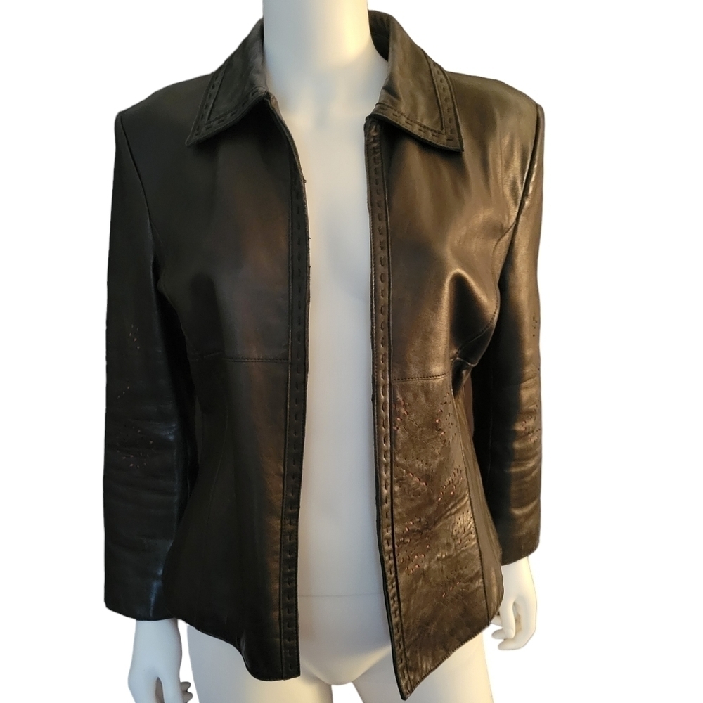 Brandon Thomas Leather Jacket with floral cutouts Black M